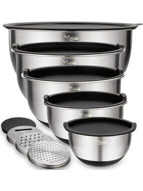 5PCS Stainless Steel Mixing Bowls Set with Airtight Lids & Grater Attachments